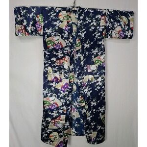 Oriental Silk Robe Womens Japanese Geisha Blue Flowers Long One Size Kimono Only